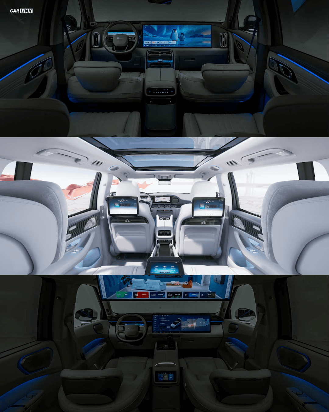 Geely Galaxy M9, Mercedes-Maybach GLS 600 və Lynk & Co 900 modellərinin salon interyerinin müqayisəsi
