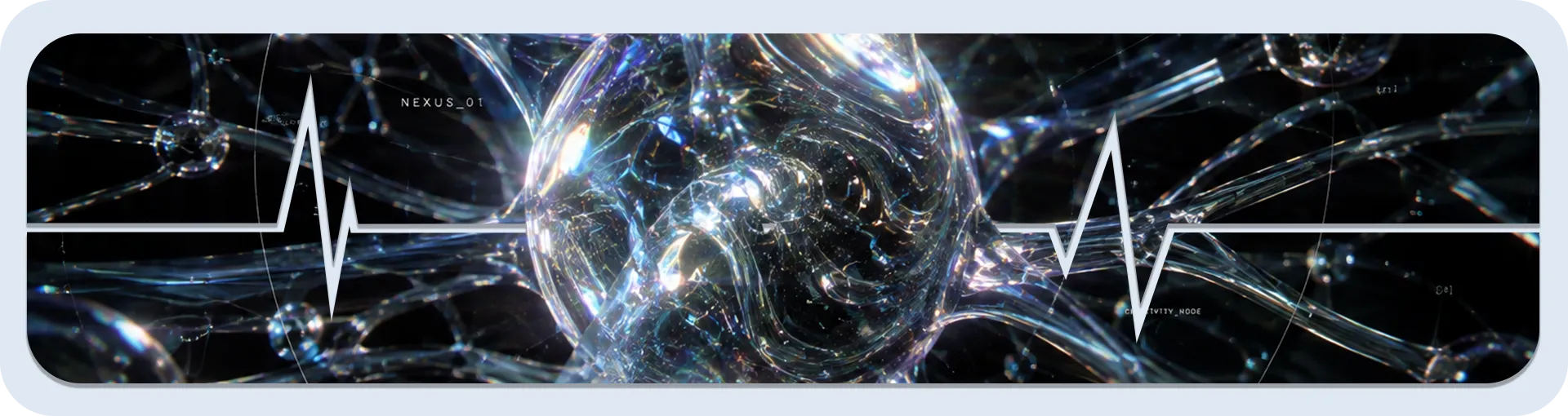 Rede neural abstrata feita de vidro iridescente brilhante, sobreposta por uma linha branca de batimentos cardíacos.