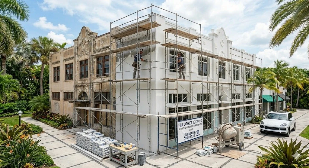 Full stucco re-application on a Fort Lauderdale residential building — Planet Construction FL