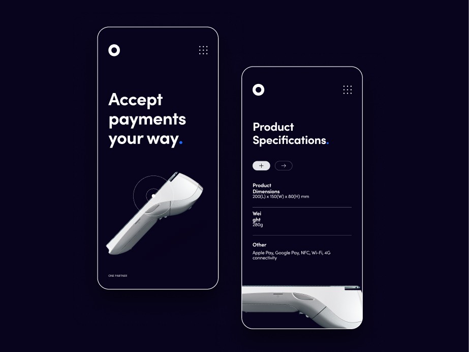 Mobile app interface on a dark theme displaying details of a sleek, modern card payment terminal, with sections highlighting product specifications including dimensions, weight, and connectivity options like Apple Pay and Google Pay.