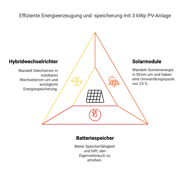 Solarmodule, Batteriespeicher und Hybridwechselrichter sind wichtige Komponenten einer 3 kWp Pv-anlage mit Speicher.