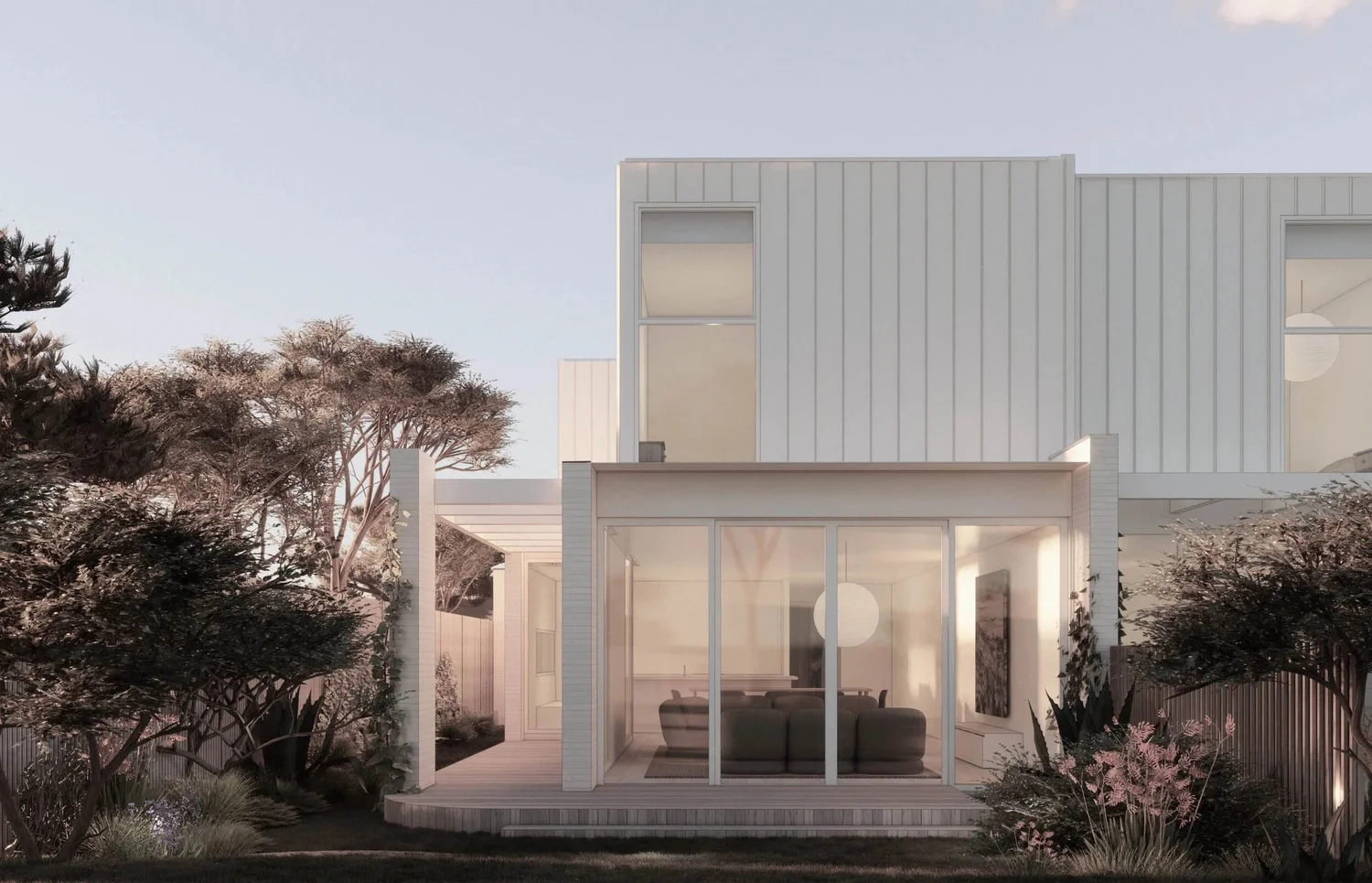Modern minimalist house exterior with large windows and garden.