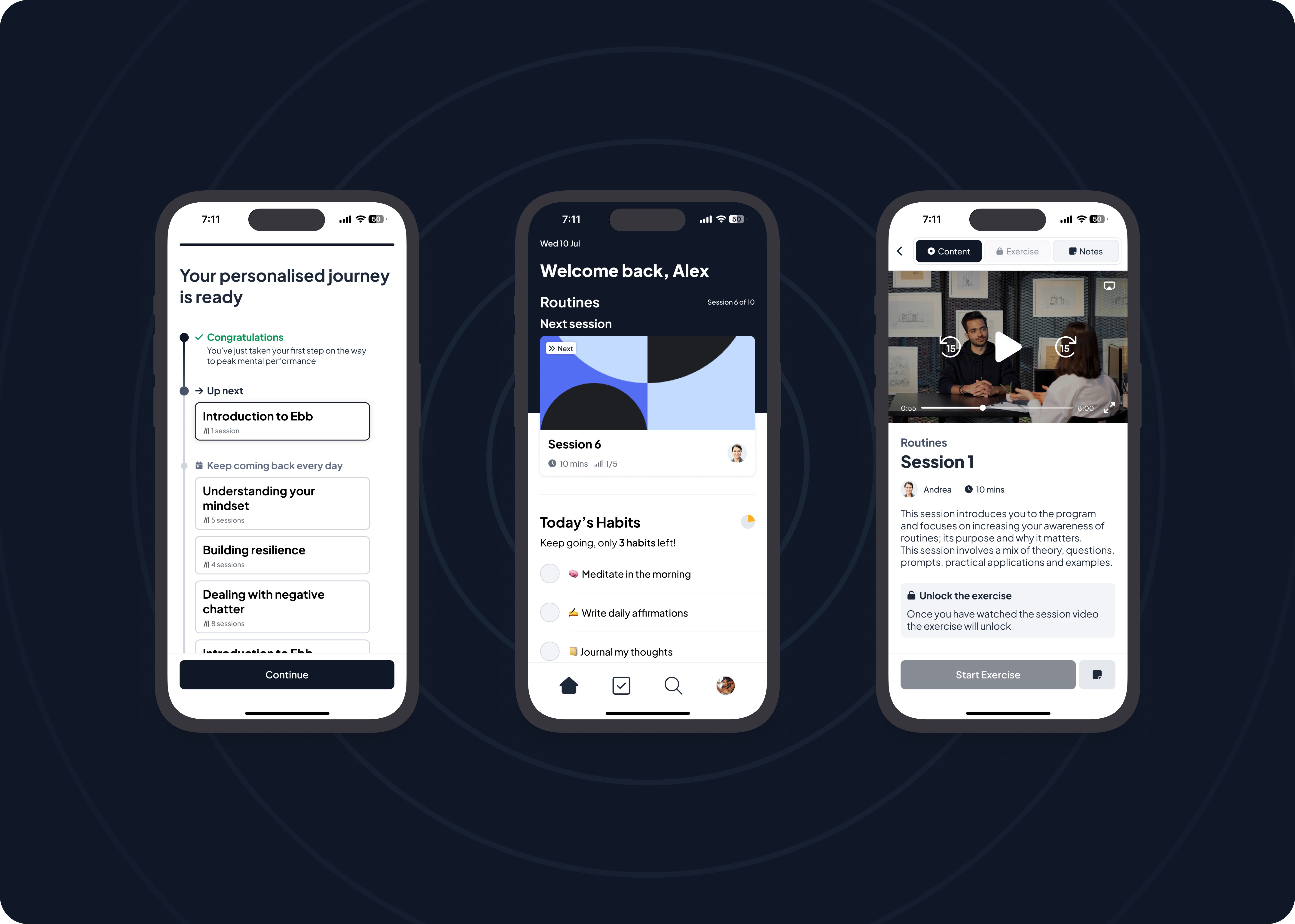 3 iphones showing an athletes personalised journey (left), the homepage (middle) and session page (right)