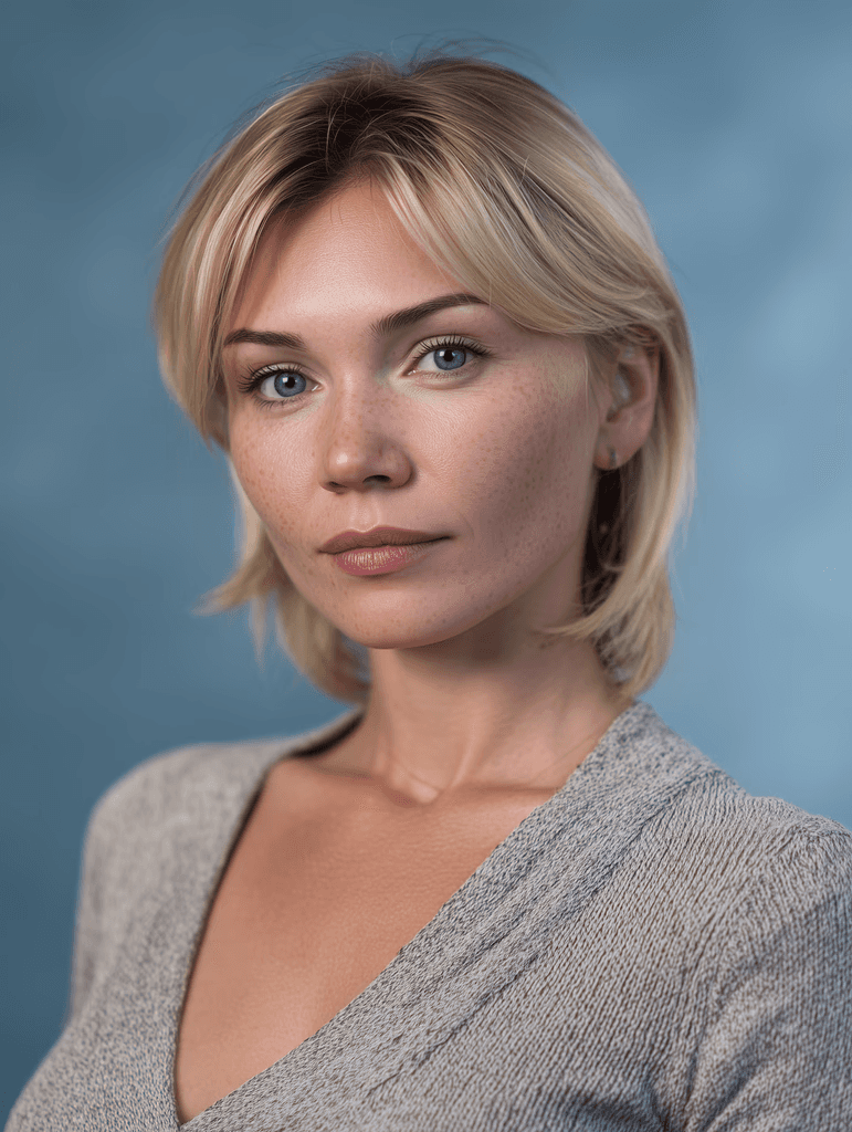 Portrait of a blonde woman with freckles against blue background.