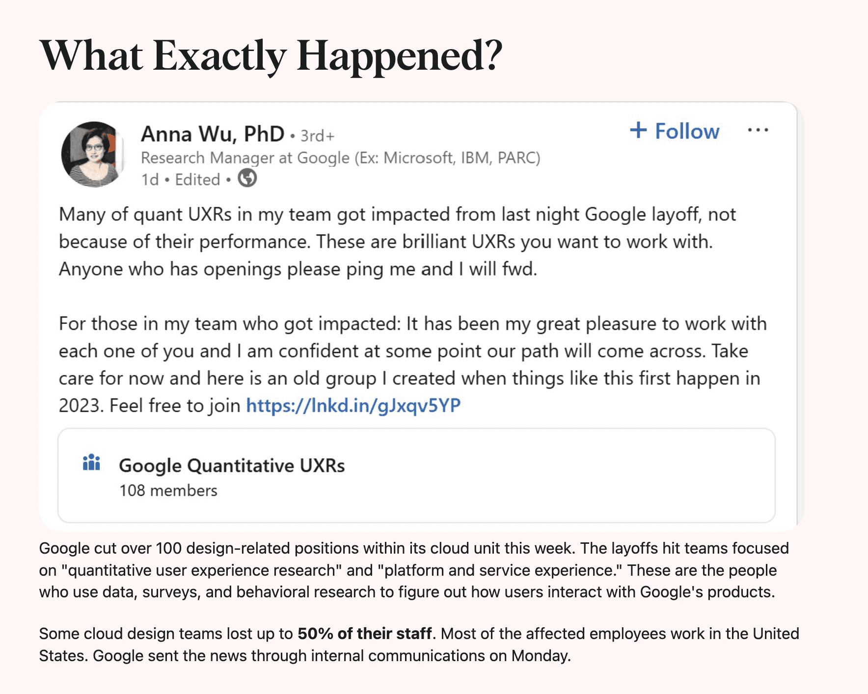 Screenshot of News article with Linkedin Post of Ex-Googler sharing their thoughts on UX being Replaced