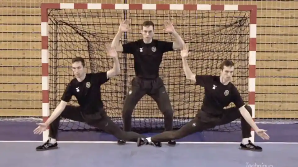 Composite image showing a handball goalkeeper in a ready stance and two low hand-leg save positions in front of the goal.