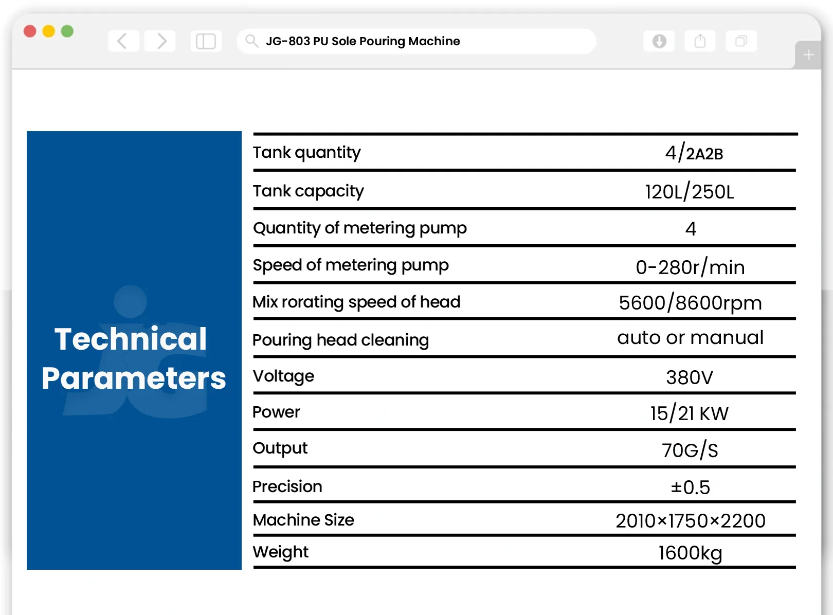 JG-803 machine dimension drawing and specifications