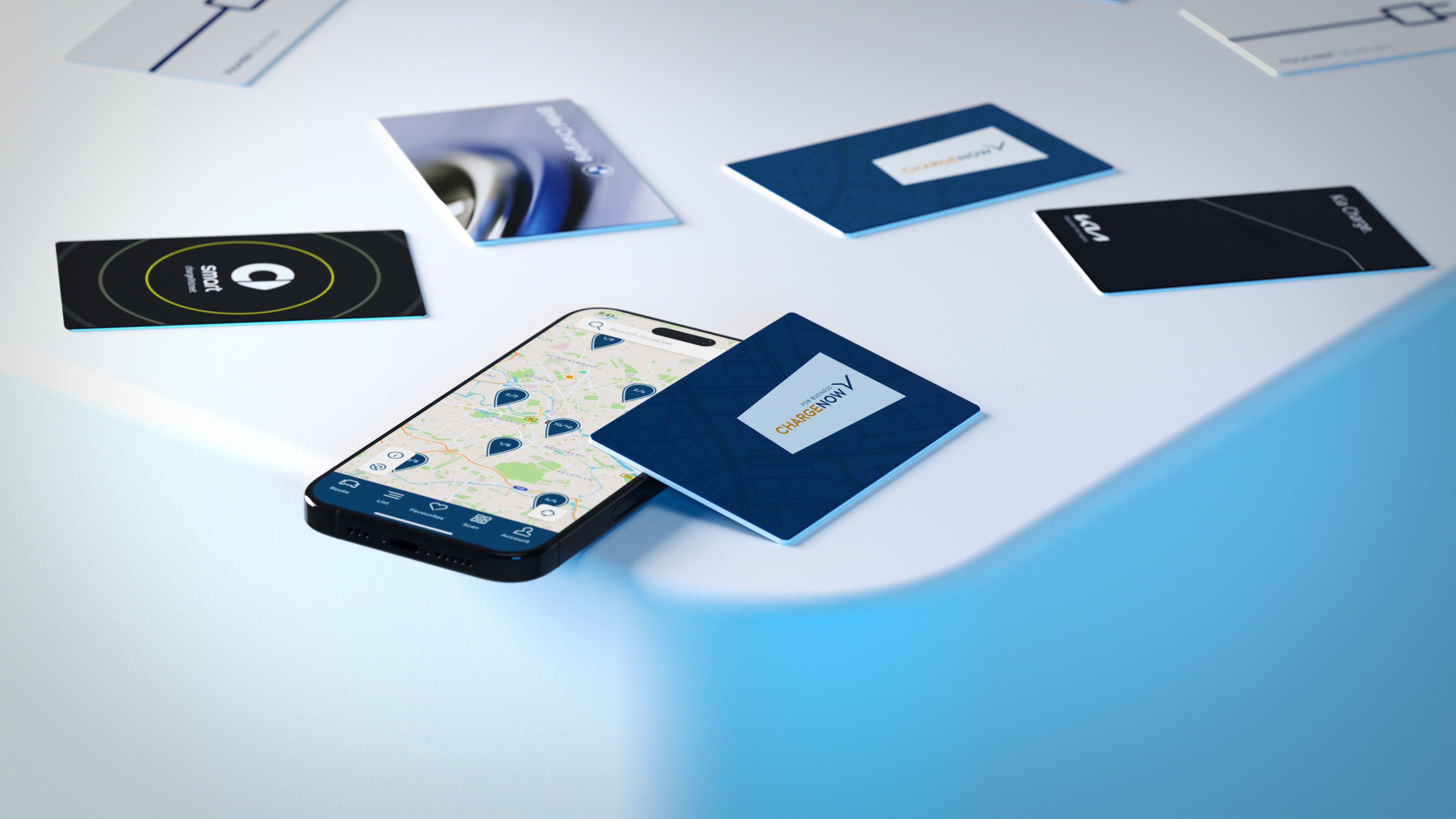 Charging cards of different tables and an iPhone with a map