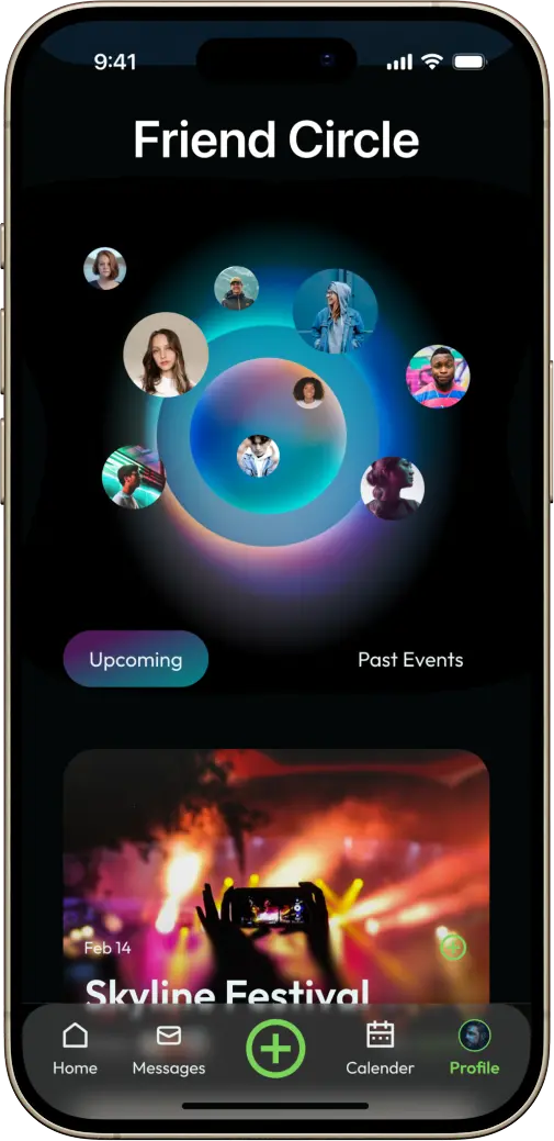 High-fidelity mockup of the Gatherly event detail screen showing source tags, voting system, and per-event message board