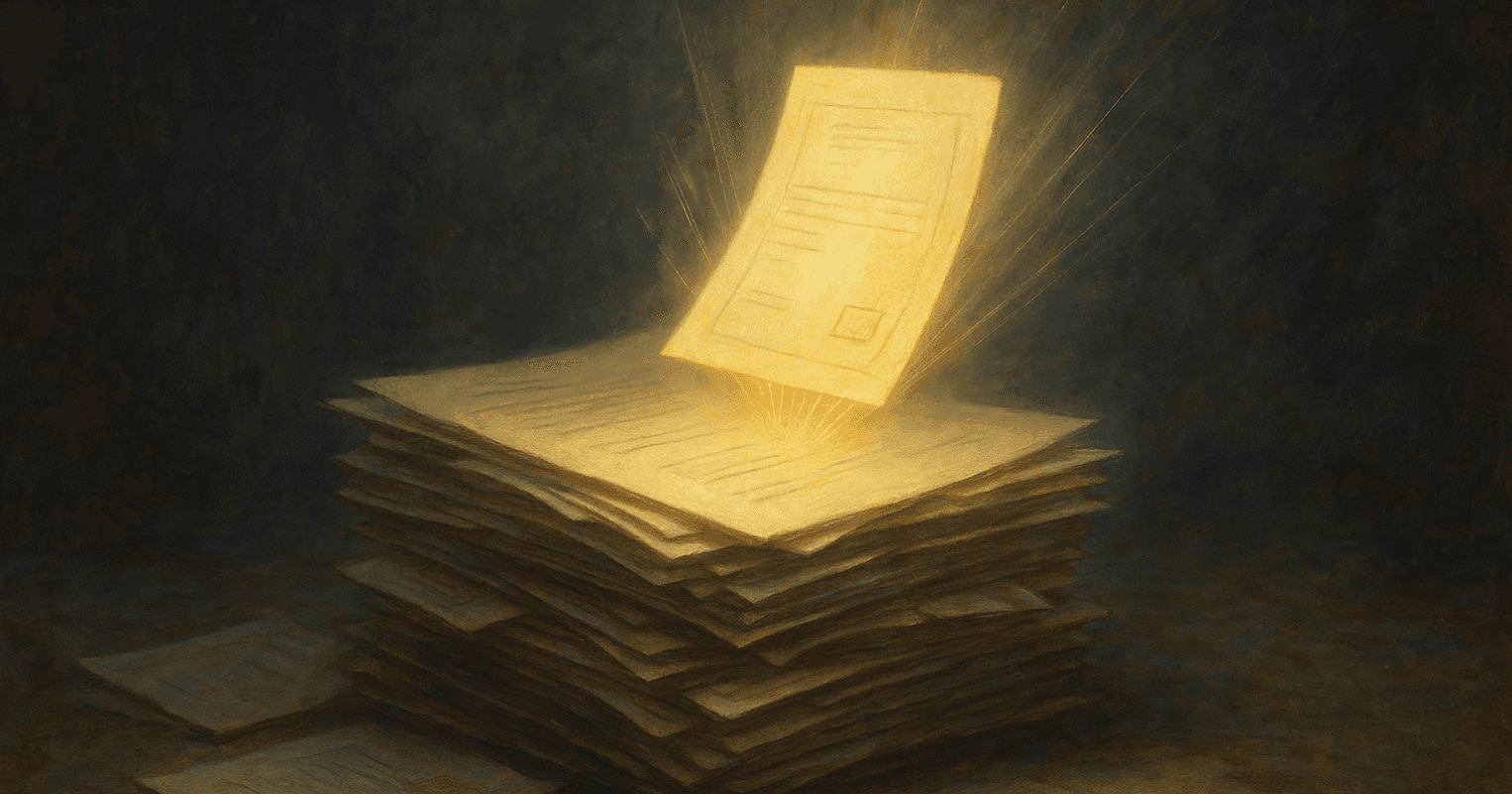 A conceptual illustration showing a glowing document rising from a stack of dull paper contracts, symbolizing digital transformation and automated creative rights management through the Creative Rights Envelope.