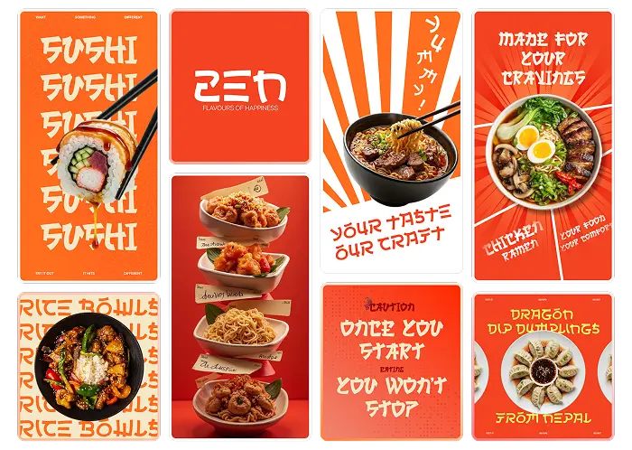 Collage of vibrant orange posters showcasing Asian food like sushi, ramen, rice bowls, and dumplings with bold text.