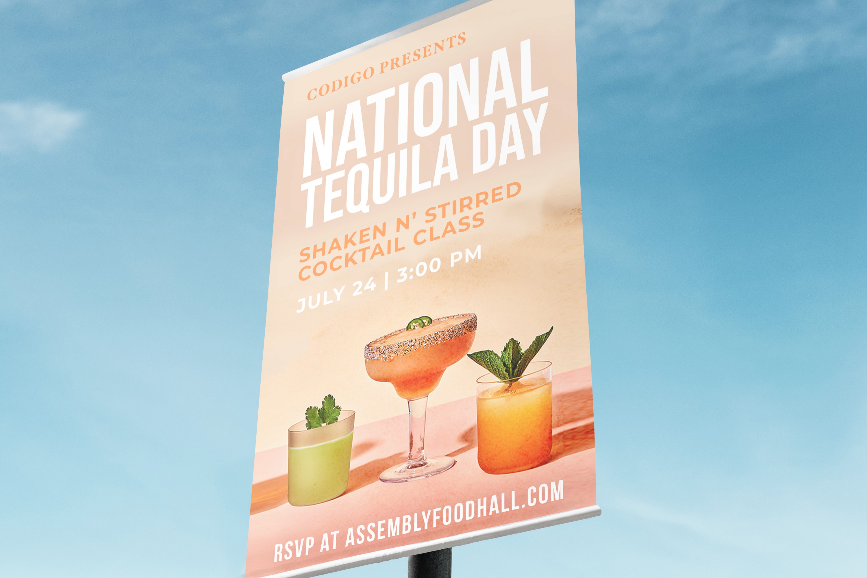 Poster for National Tequila Day with cocktail illustrations, photographed against a bright blue sky.