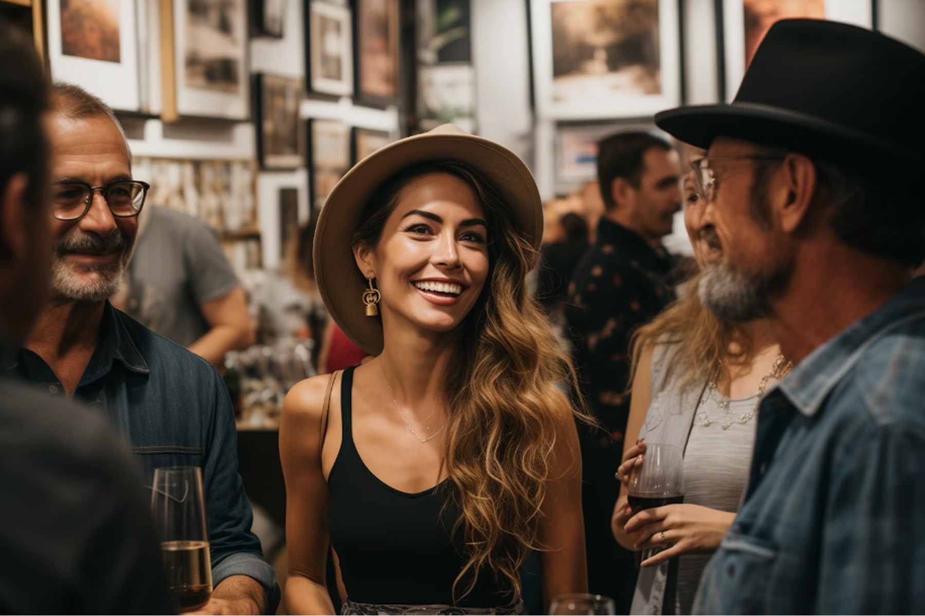 Girl in hat mingling with others at a social gathering