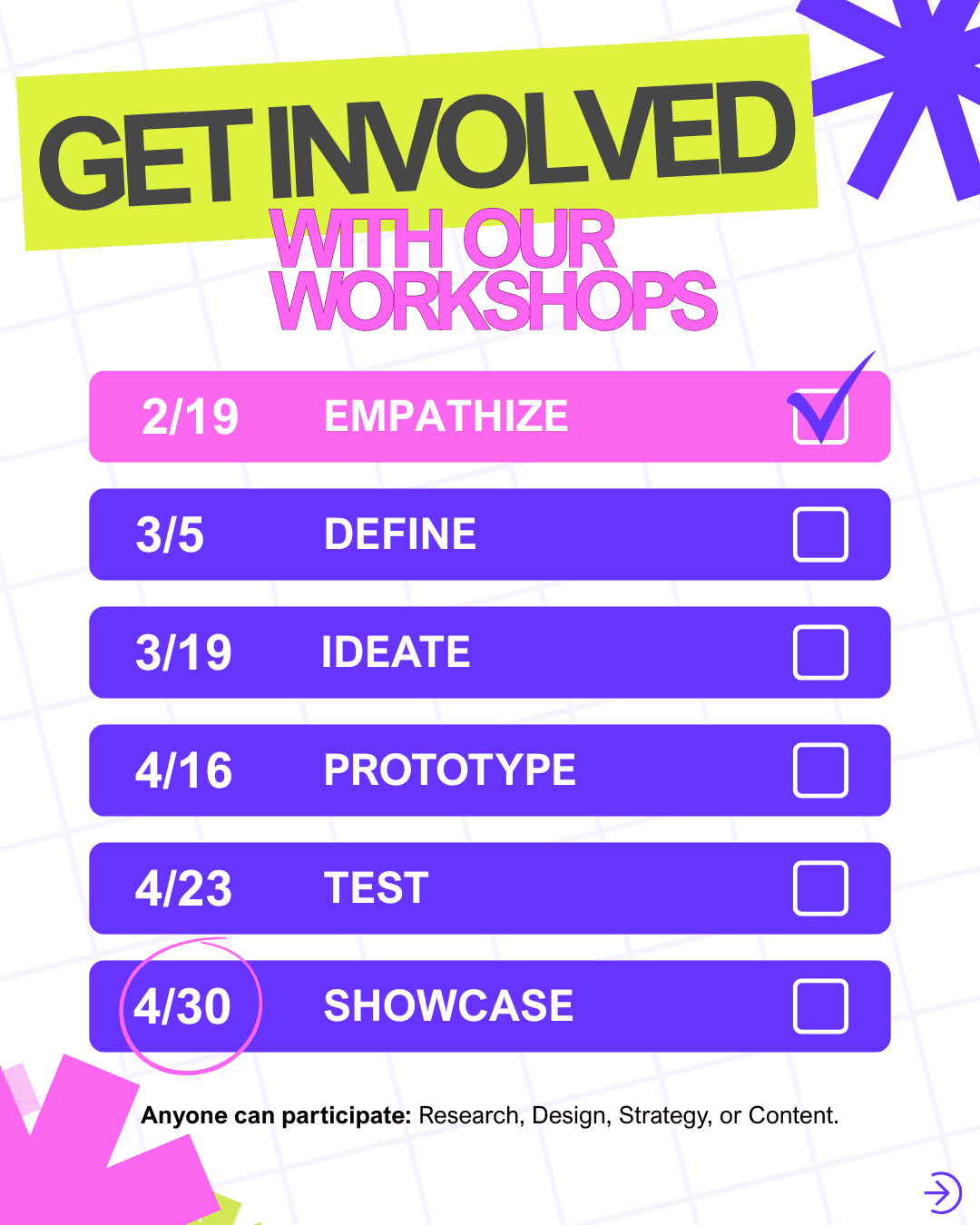 Workshop Dates 2/19 Empathize, 3/5 Define, 3/19 Ideate, 4/16 Prototype, 4/23 Test, 4/30 Showcase; anyone can participate: research, design, strategy, or content