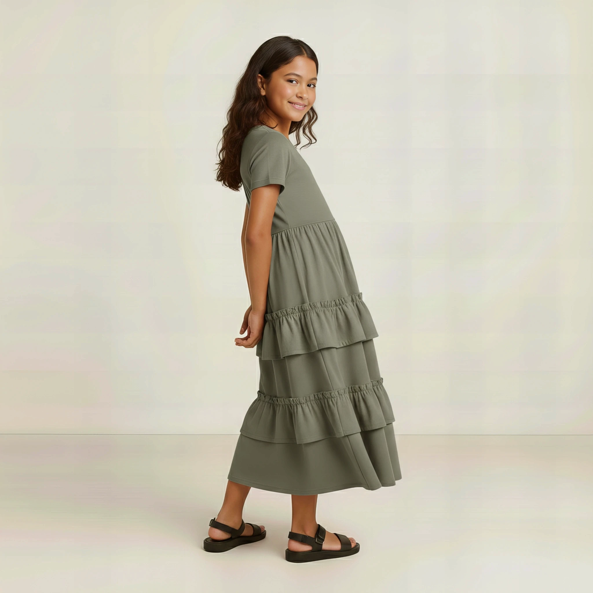 Linen Ruffle Dress in Olive Fog