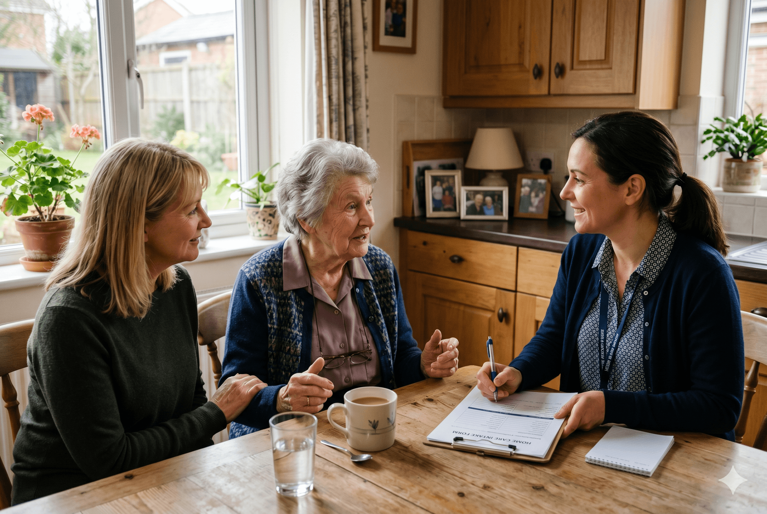 An adult daughter and her elderly mother sit at a kitchen table talking with a home care coordinator who is holding a clipboard and pen.