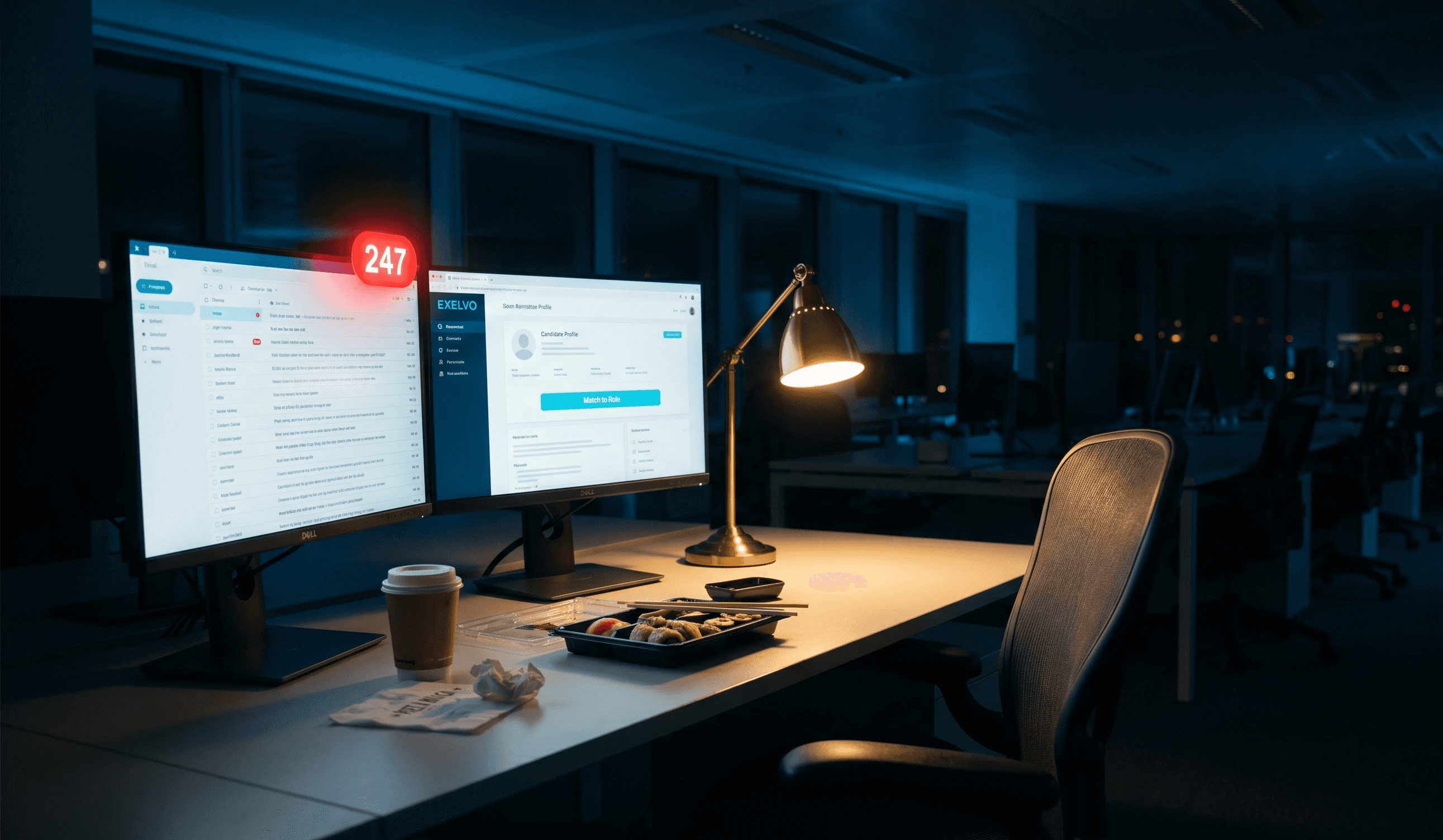 Empty UK recruitment desk at night with monitor showing 247 unread applications — represents the screening bottleneck losing placements.