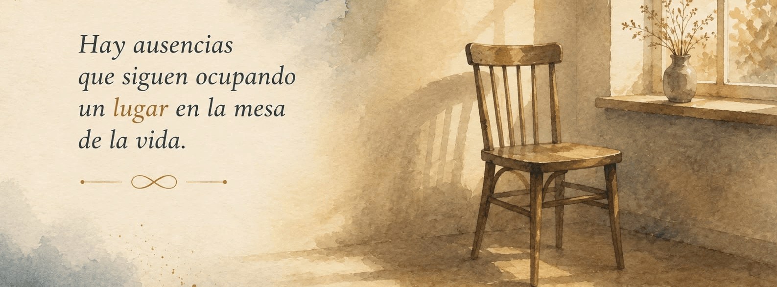 Ilustración de una silla de madera vacía junto a una ventana con luz de atardecer