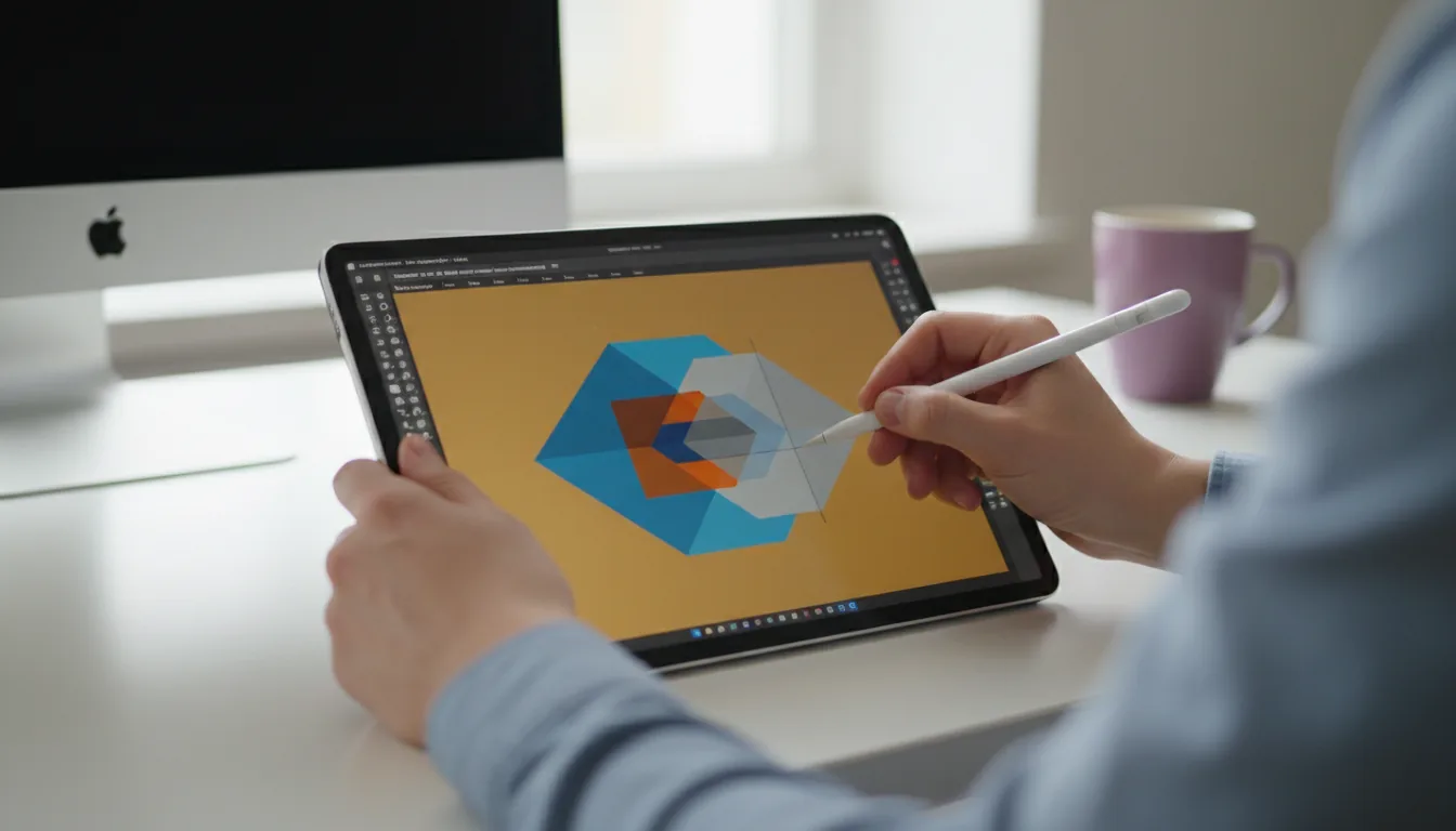 DSLR photograph from an over-the-shoulder perspective of a person's hands using a white stylus to draw on an iPad Pro, which is running Adobe Photoshop. The iPad, resting on a clean white desk, displays a geometric illustration on an ochre-colored canvas. The scene is illuminated by soft natural daylight, with the hands and iPad in sharp focus. The background is blurred with a shallow depth of field, showing a computer monitor and a purple cup.
