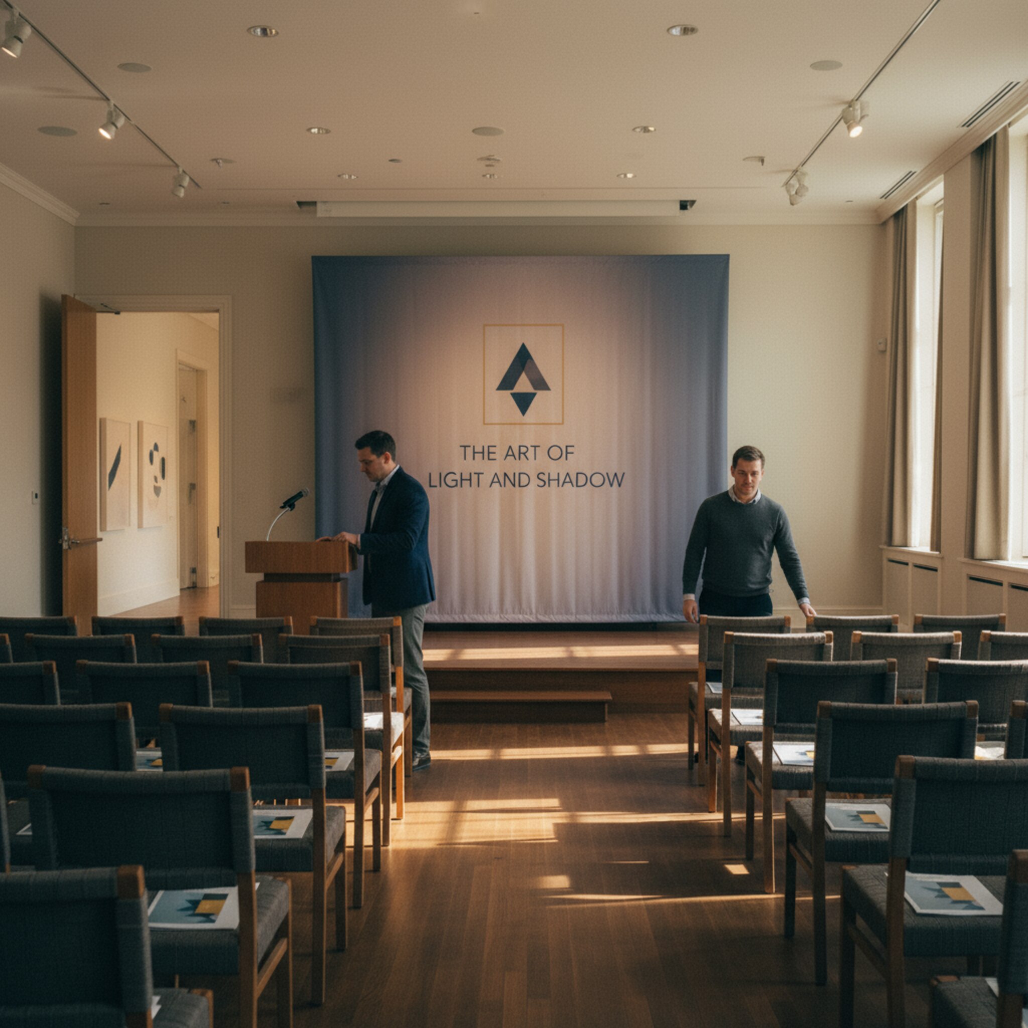 Ein vorbereiteter Vortragssaal mit Reihenstühlen, einer kleinen Bühne und dezentem Banner der Ausstellung. Auf den ersten Sitzen liegen Programmhefte. Das Licht ist warm, ein leiser Summton erfüllt den Raum. Mitarbeitende richten letzte Stühle aus, während die Tür für Gäste geöffnet wird.