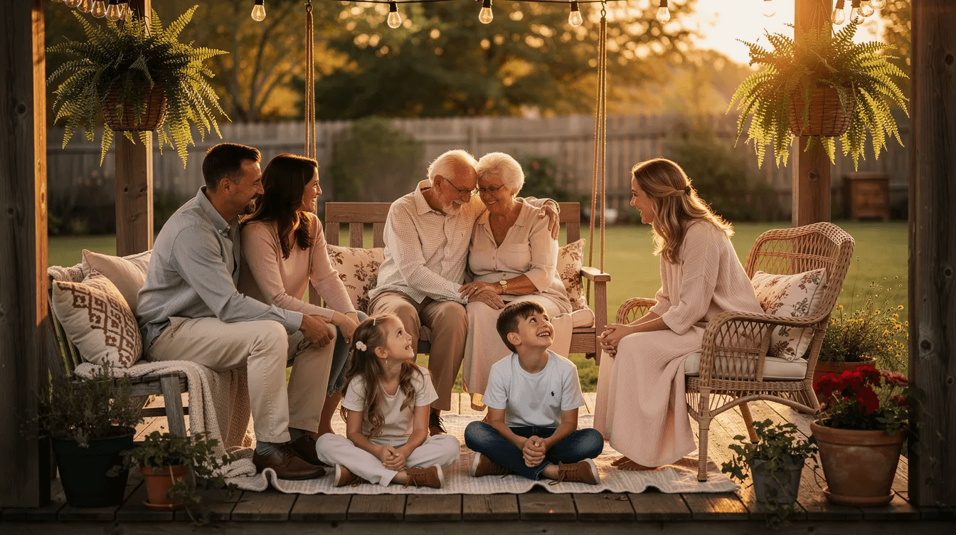 A multi-generational family is gathered on a cozy porch, engaged in a warm conversation that reflects their shared experiences and values. This moment illustrates the importance of family connections and the support they provide, much like how nonprofits rely on donations to fulfill their mission and create a positive impact in their communities.