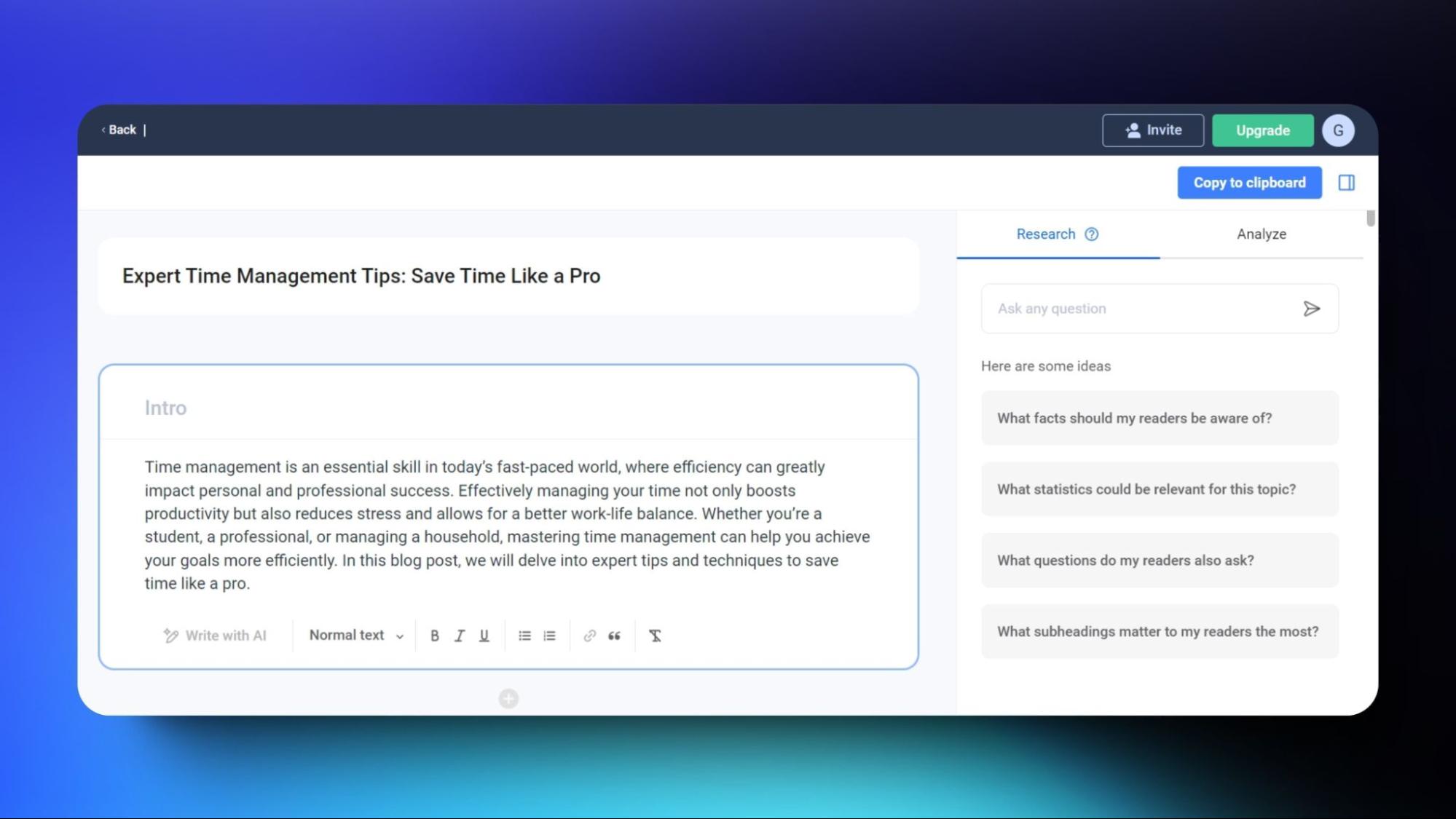 Snapshot of Anyword's interface, preparing a time management blog titled "Expert Time Management Tips: Save Time Like a Pro," with prompts for reader engagement.