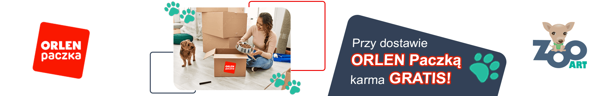 The desktop design includes the red ORLEN Paczka logo on the left and the ZOO ART logo on the right, connected by decorative green paw prints and a central lifestyle photograph of pet ownership.