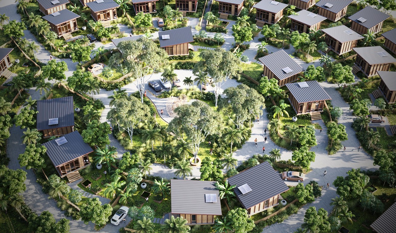 Aerial view of a circular residential cluster featuring modular eco-homes, integrated central green space, and permeable paving for sustainable rainwater management