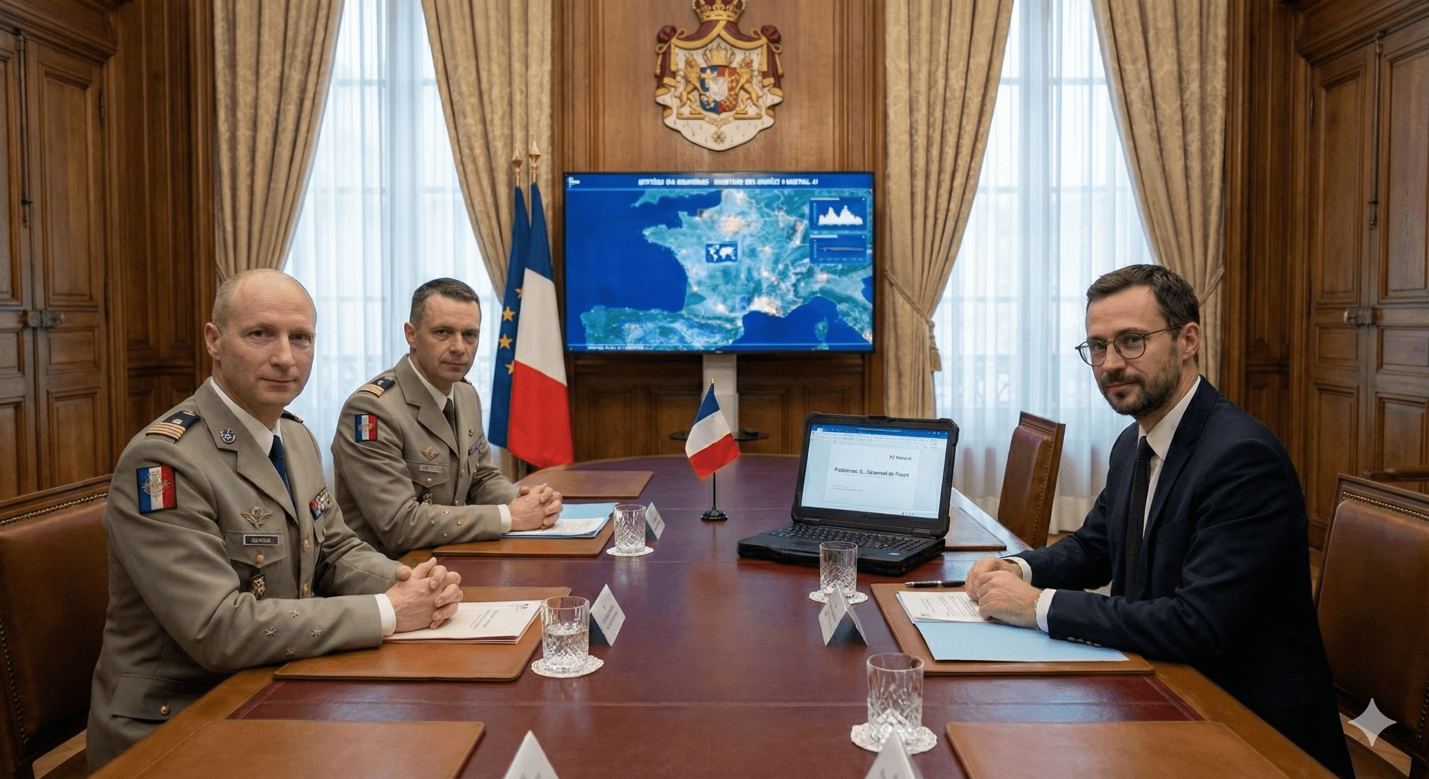 The image shows military officials in uniform seated around a large wooden table with a laptop and documents, featuring the French flag and a map of France displayed on a screen, indicating a strategic discussion related to the Mistral French Military.