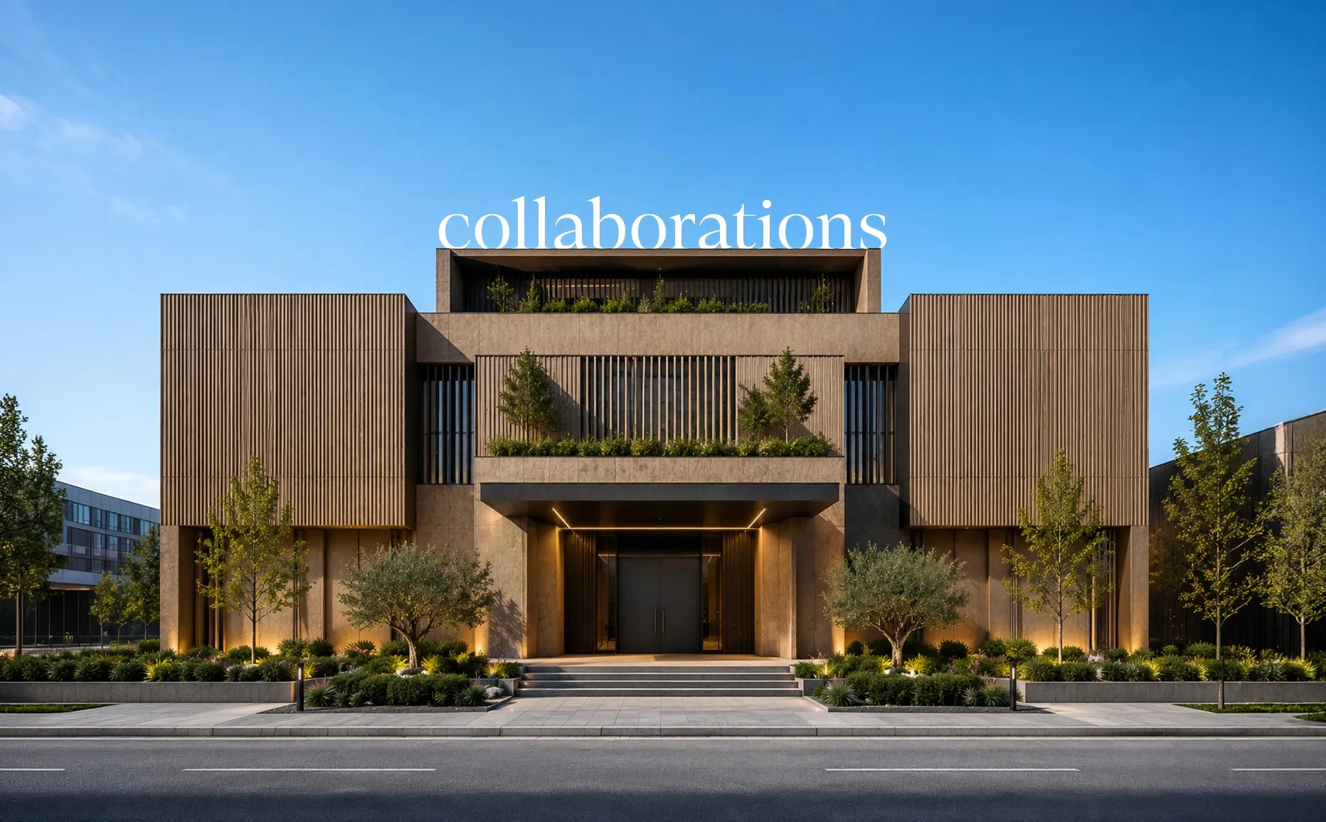 3D render of a modern building with a “collaborations” text