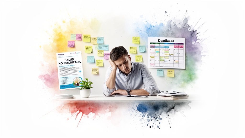 Hombre estresado y agotado en un escritorio con notas adhesivas, calendario y documentos sobre salud no priorizada.