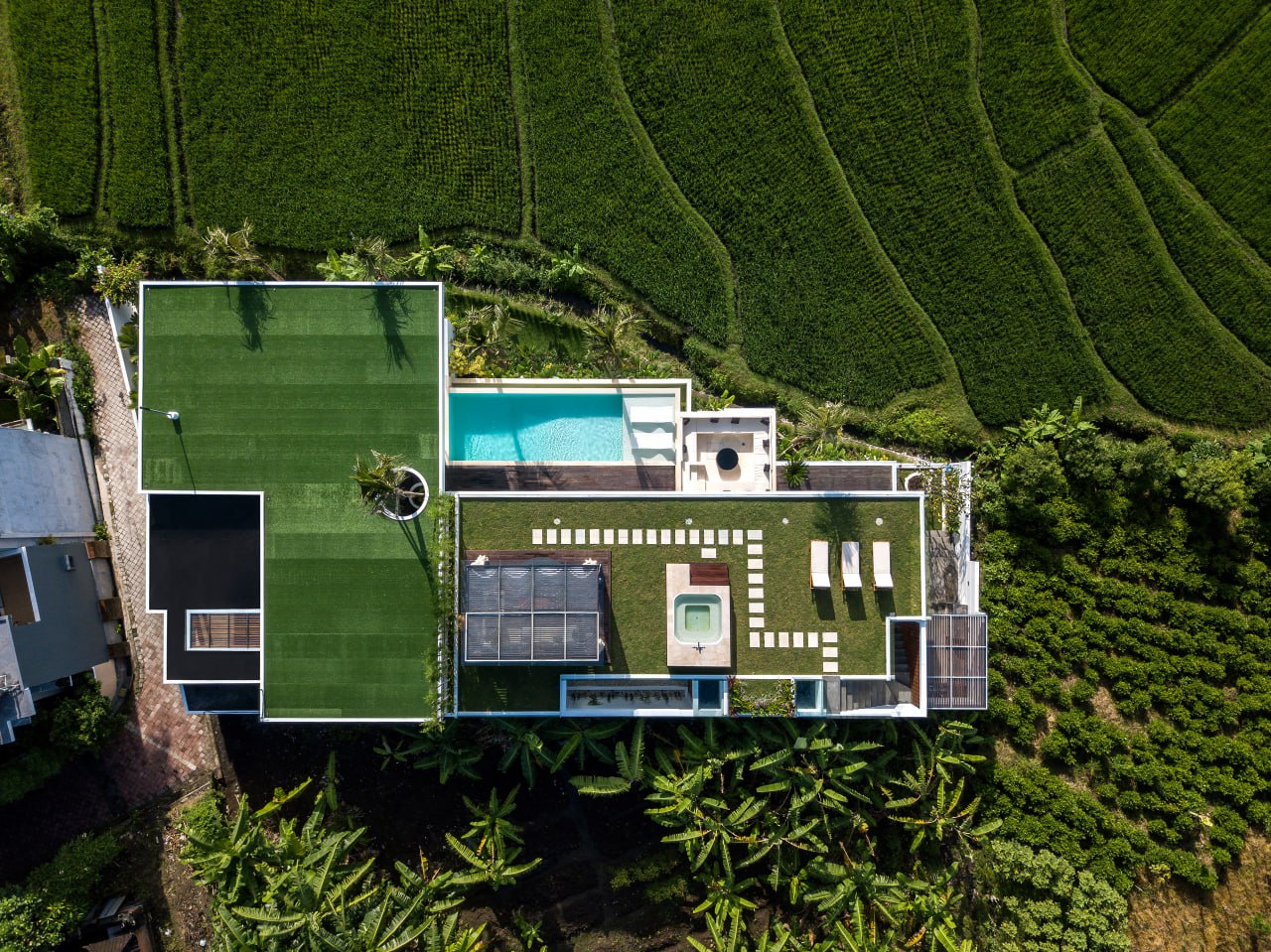 modern 3-bedroom villa in Buduk with a rooftop terrace and panoramic rice field views