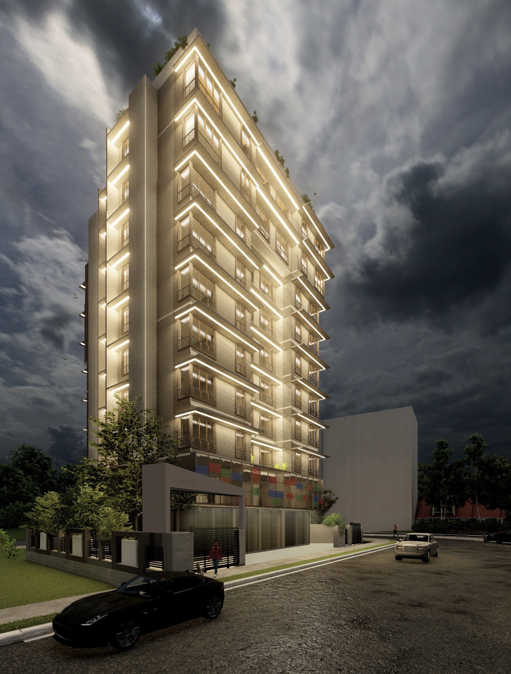 Modern residential building with stepped terraces, glass railings, and rooftop greens