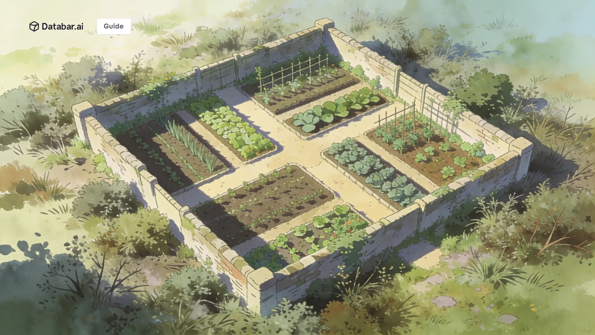 A revenue operations framework, illustrated as a walled kitchen garden of straight ordered beds set into rough overgrown ground