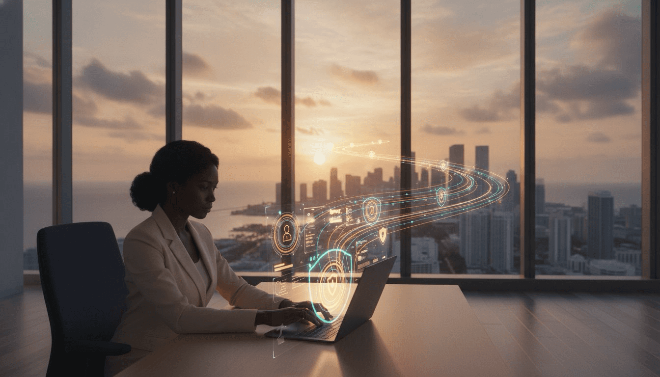 Miami professional securely accessing business applications from a remote location, illustrating zero-trust secure remote access.