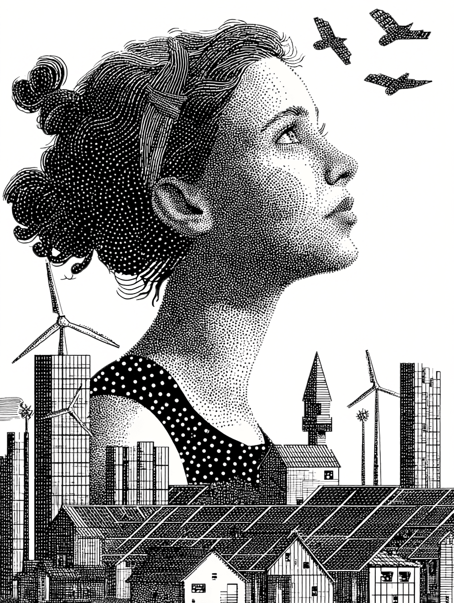 A visionary woman gazes at the birds and sustainable energy above an urban landscape adorned with wind turbines and solar panels.