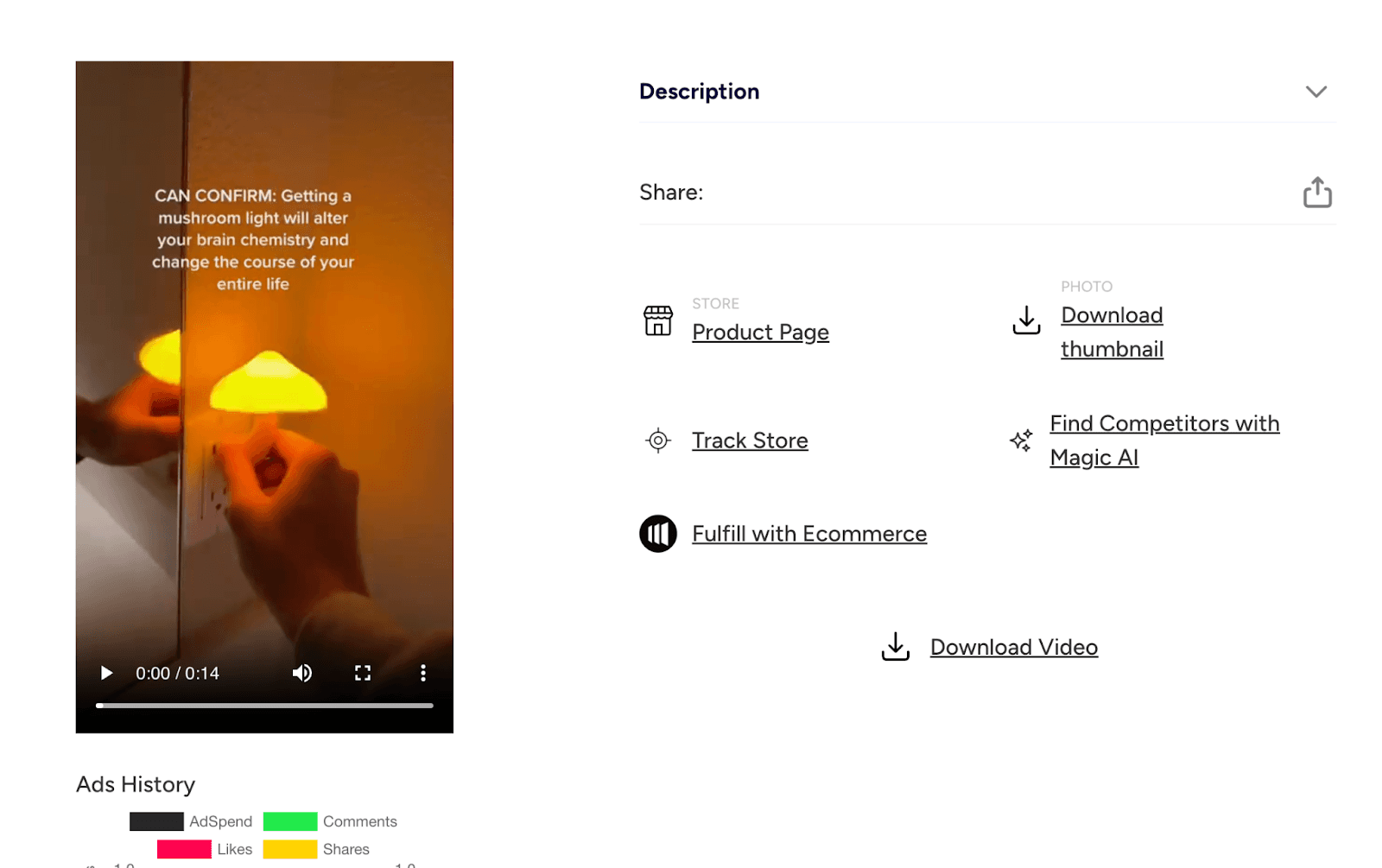 WinningHunter dashboard showing a TikTok ad preview with options to view the product landing page, track the store, download the video, and analyze the offer.