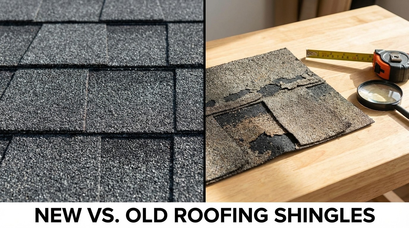 20 year old roof comparison showing aged asphalt shingles vs new shingles