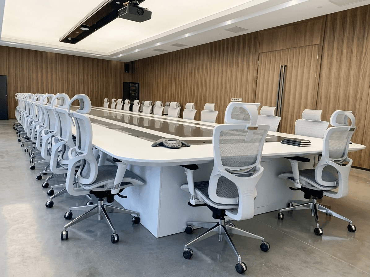 A luxury conference room setting with a large white boardroom table surrounded by A8 series executive white mesh chairs, highlighting the sleek ergonomic design and high-end professional aesthetic