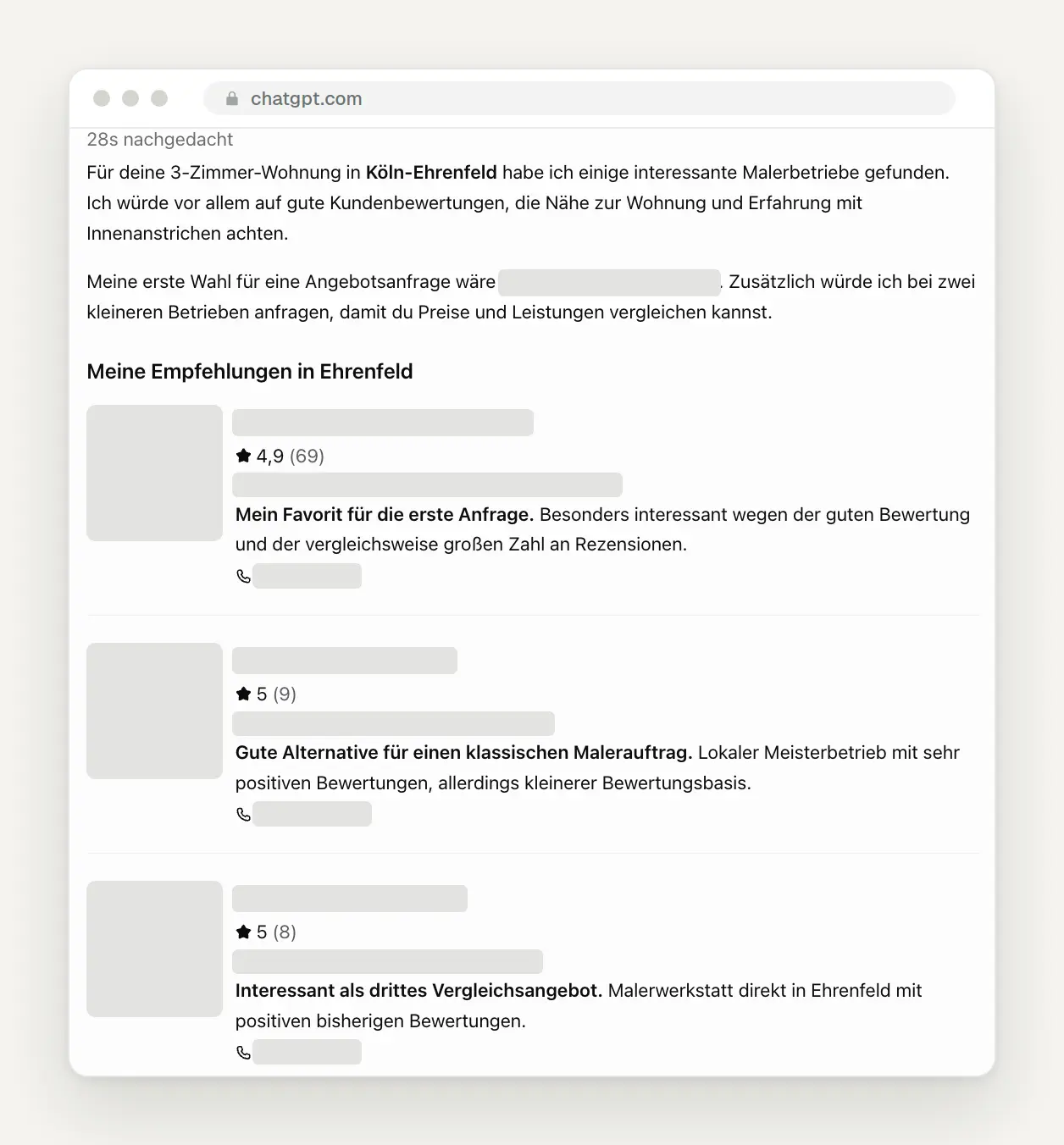 ChatGPT empfiehlt Malerbetriebe in Köln als Visitenkarten mit Bewertung und Telefonnummer