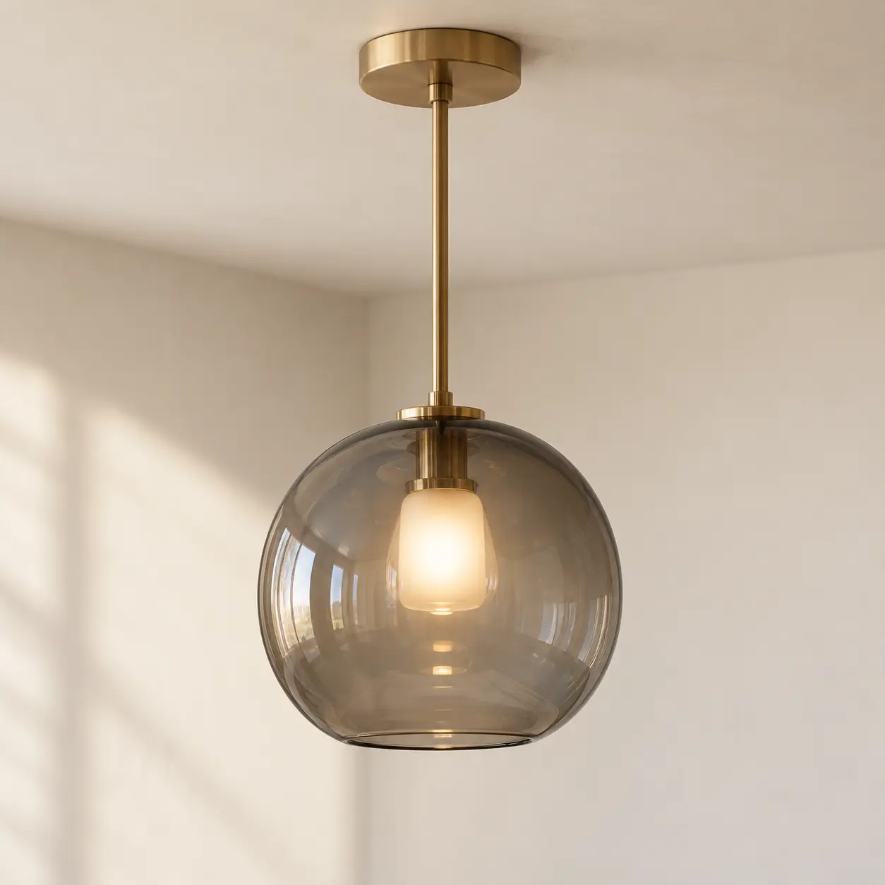 Smoke glass globe pendant on a brushed brass rod and canopy, lit softly