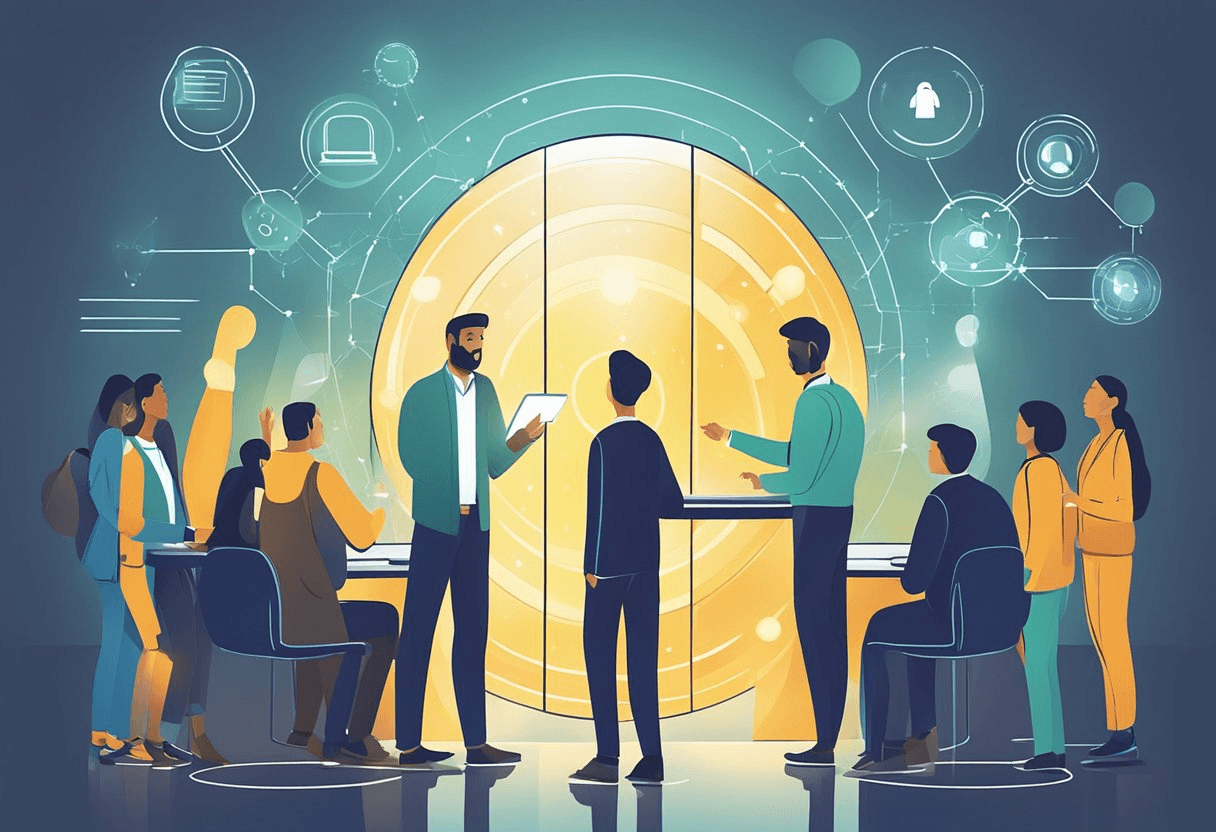 Employees gather around a glowing referral portal, exchanging ideas and networking. A strategic HR guide hovers above, guiding their collaboration