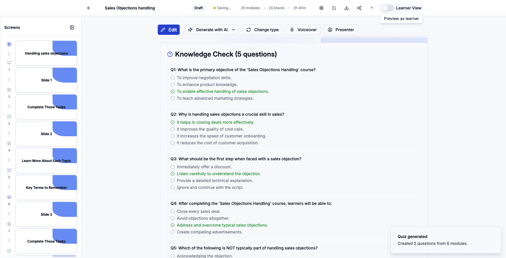 Toggle 'Preview as learner' once more to test the complete quiz experience.