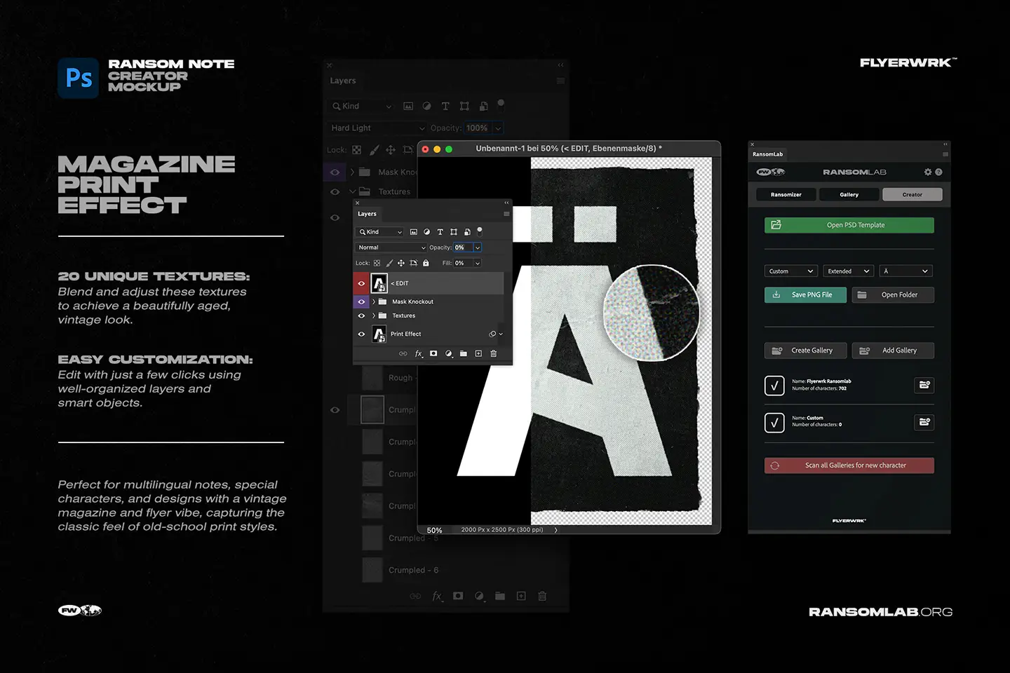 RansomLab magazine print effect creator mockup with unique textures for a vintage aged print look