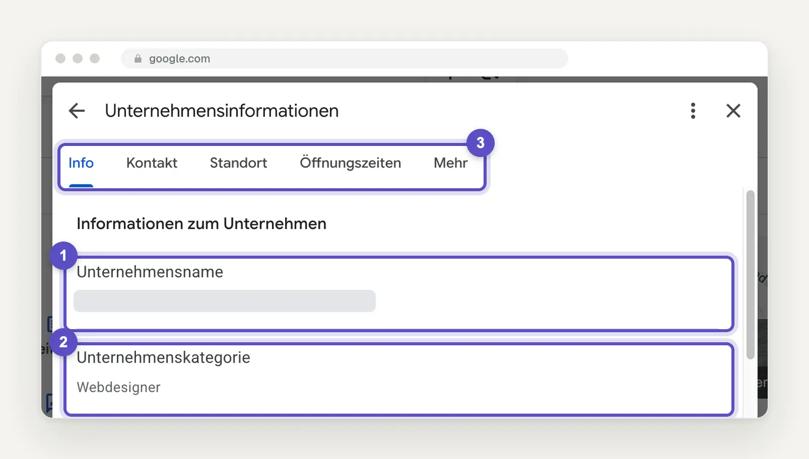 Dialog Unternehmensinformationen mit den Reitern Info, Kontakt, Standort, Öffnungszeiten und Mehr sowie den Feldern Unternehmensname und Unternehmenskategorie.