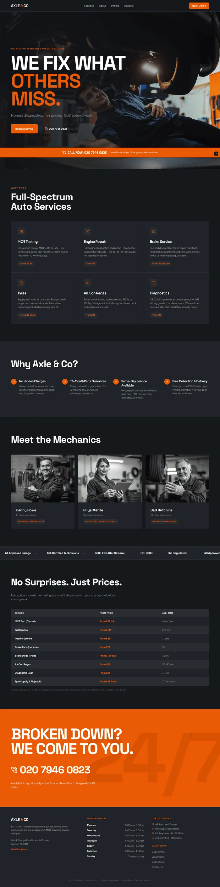 Lovable-generated Axle & Co mechanic workshop site in charcoal and signal orange