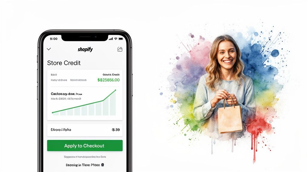 A Shopify app shows store credit details, alongside a smiling woman holding a shopping bag with watercolor art.