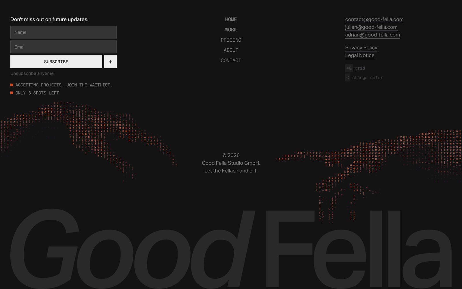 Dark website footer with orange pixelated hands, subscription form, and navigation links. Text: "GoodFella" partially visible at bottom.