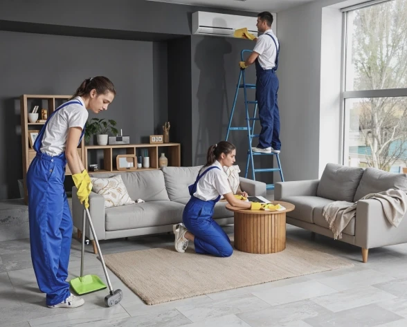 Three persons are cleaning the room.