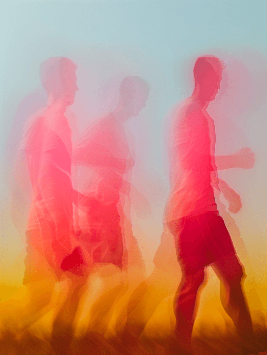 Abstract soft pink and red tones with blurred figures, intimate and atmospheric.